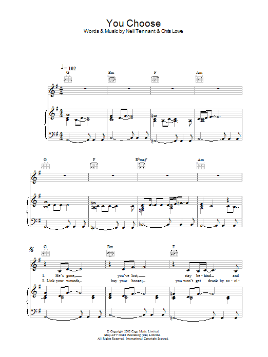 Pet Shop Boys You Choose sheet music notes and chords arranged for Piano, Vocal & Guitar Chords