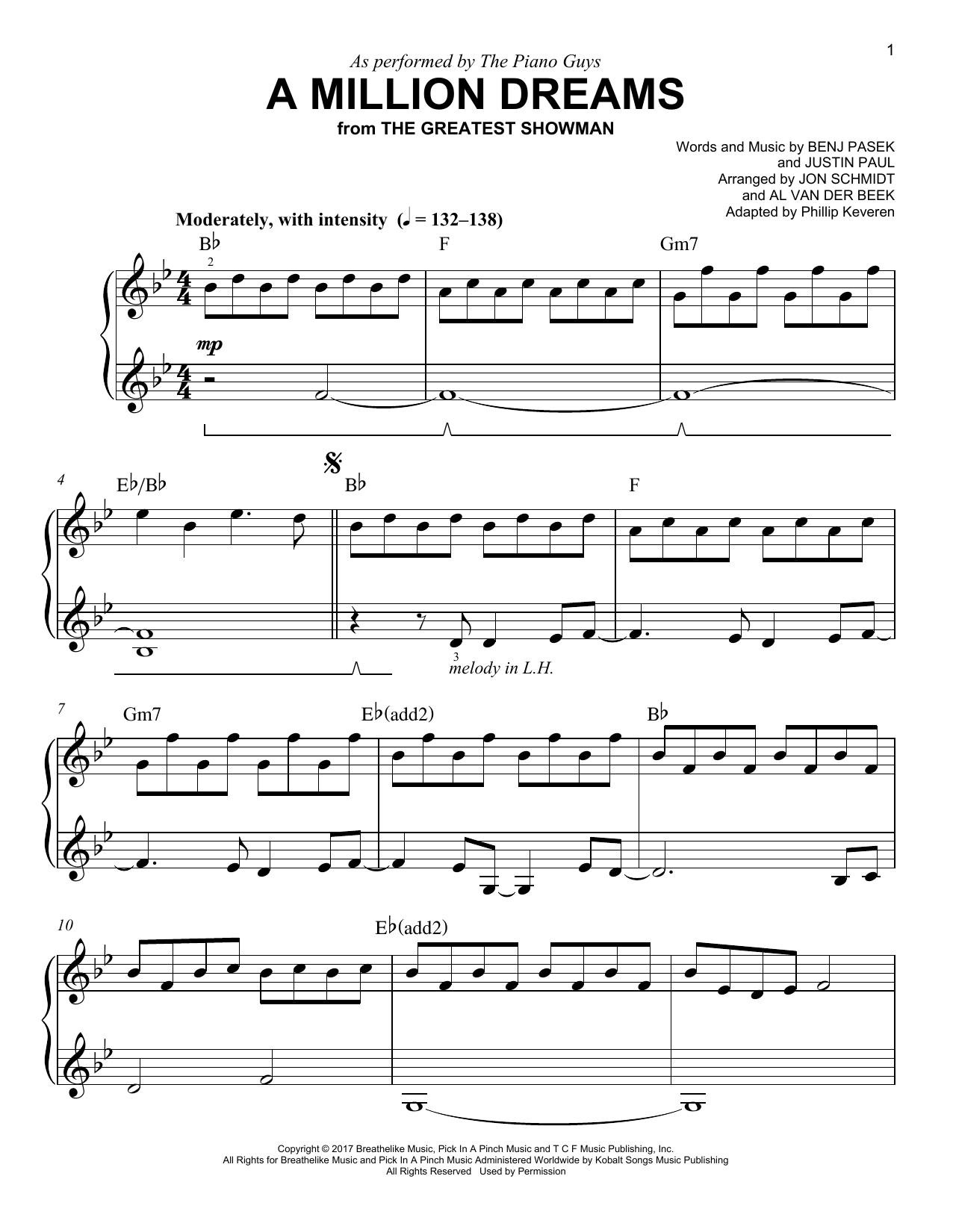 The Piano Guys A Million Dreams (arr. Phillip Keveren) sheet music notes and chords. Download Printable PDF.