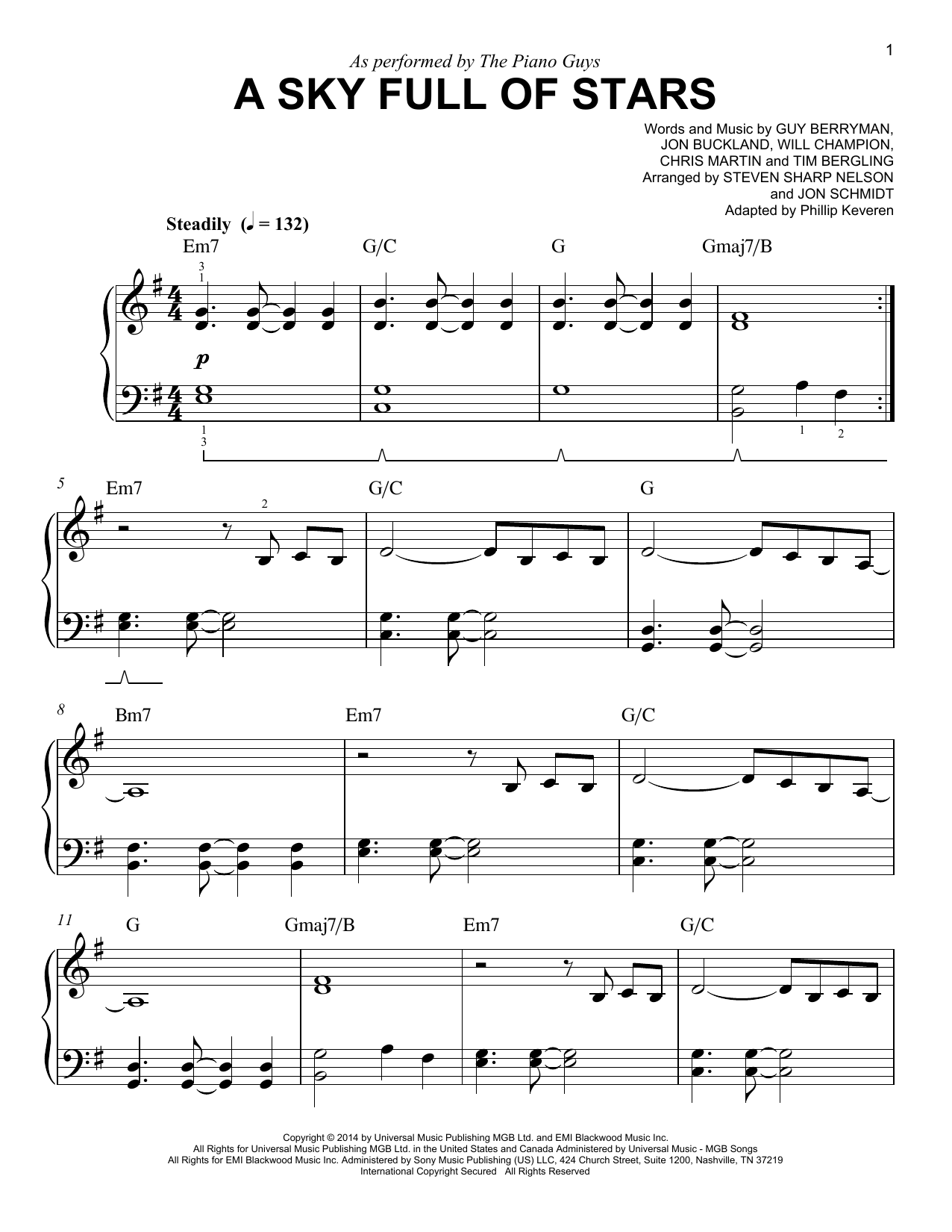 The Piano Guys A Sky Full Of Stars (arr. Phillip Keveren) sheet music notes and chords. Download Printable PDF.