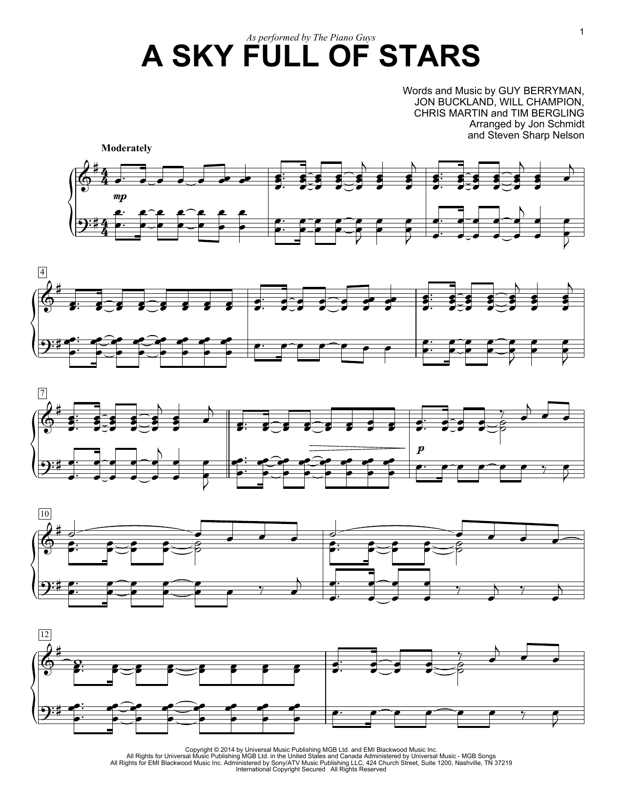 The Piano Guys A Sky Full Of Stars sheet music notes and chords. Download Printable PDF.