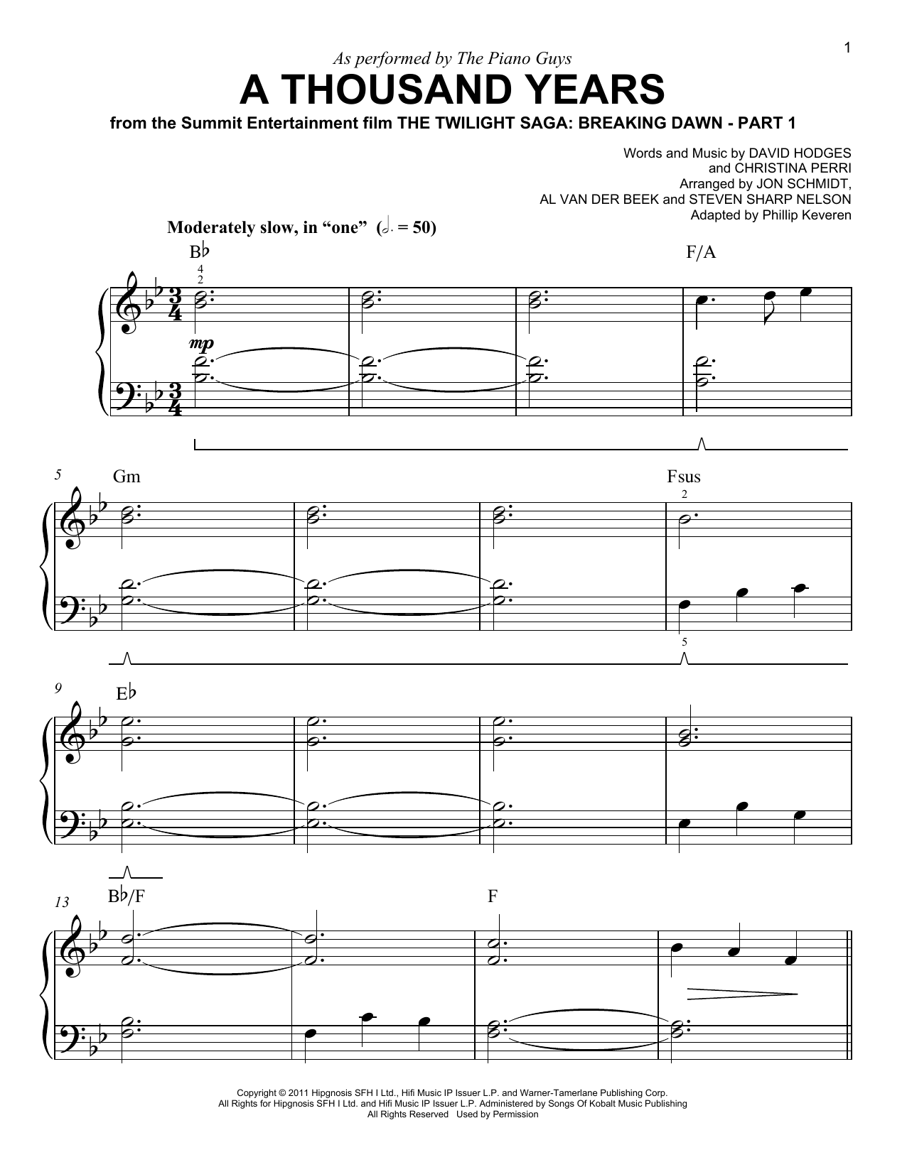 The Piano Guys A Thousand Years (arr. Phillip Keveren) sheet music notes and chords. Download Printable PDF.