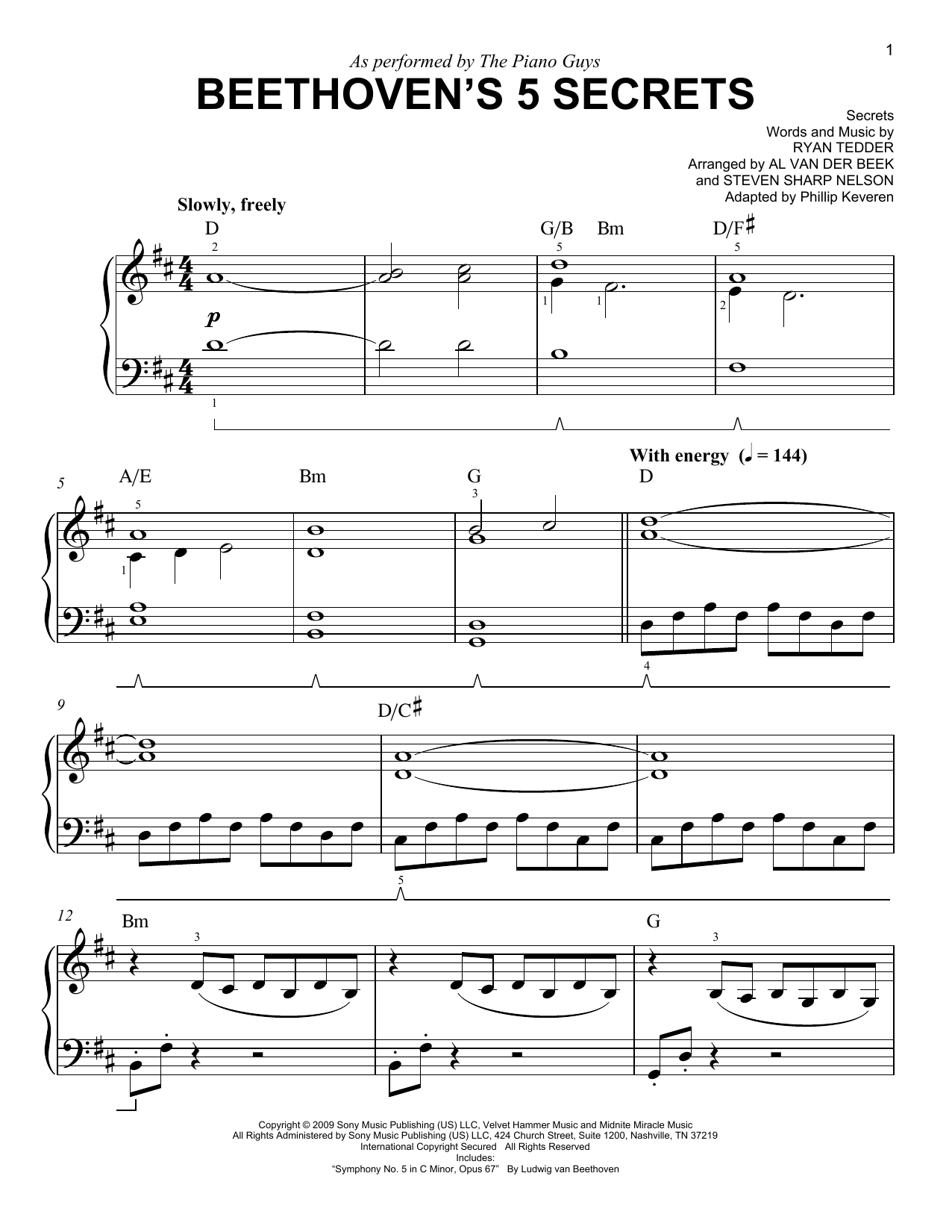 The Piano Guys Beethoven's 5 Secrets (arr. Phillip Keveren) sheet music notes and chords. Download Printable PDF.