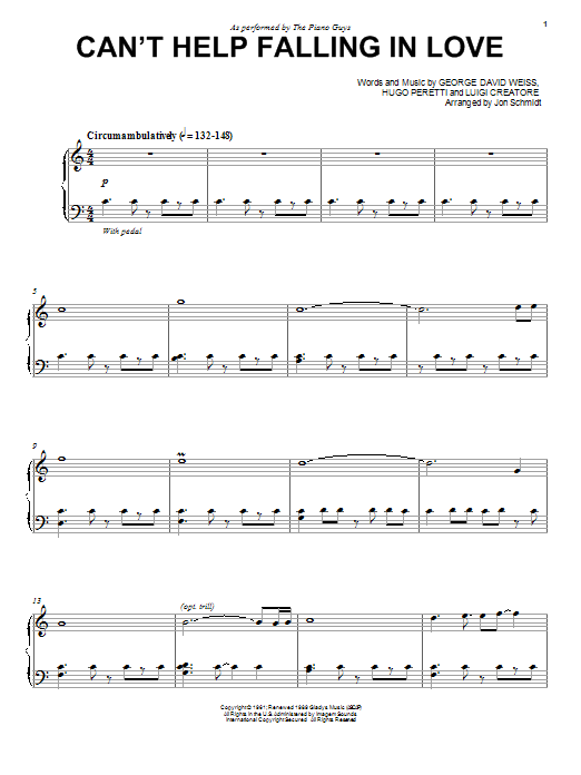 The Piano Guys Can't Help Falling In Love sheet music notes and chords. Download Printable PDF.