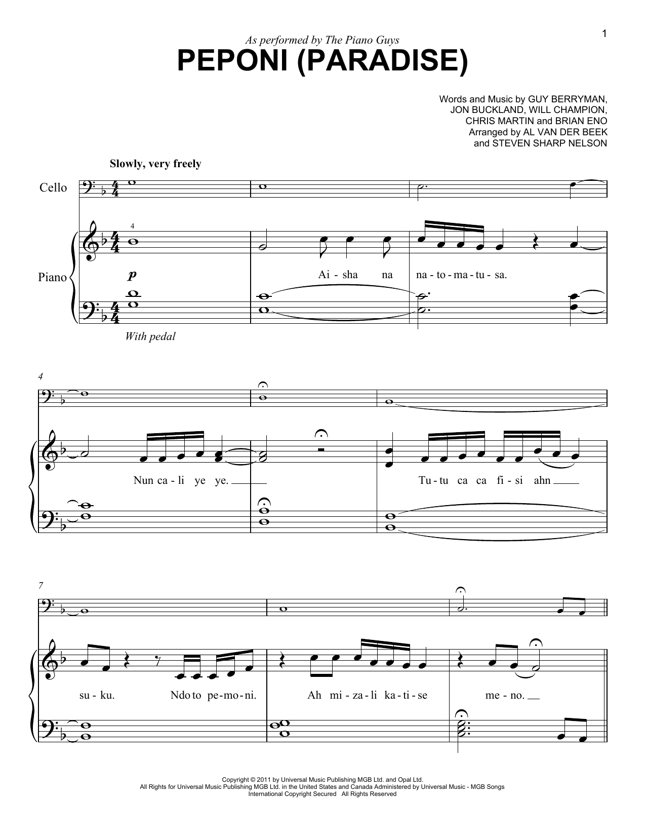 The Piano Guys Peponi (Paradise) sheet music notes and chords. Download Printable PDF.