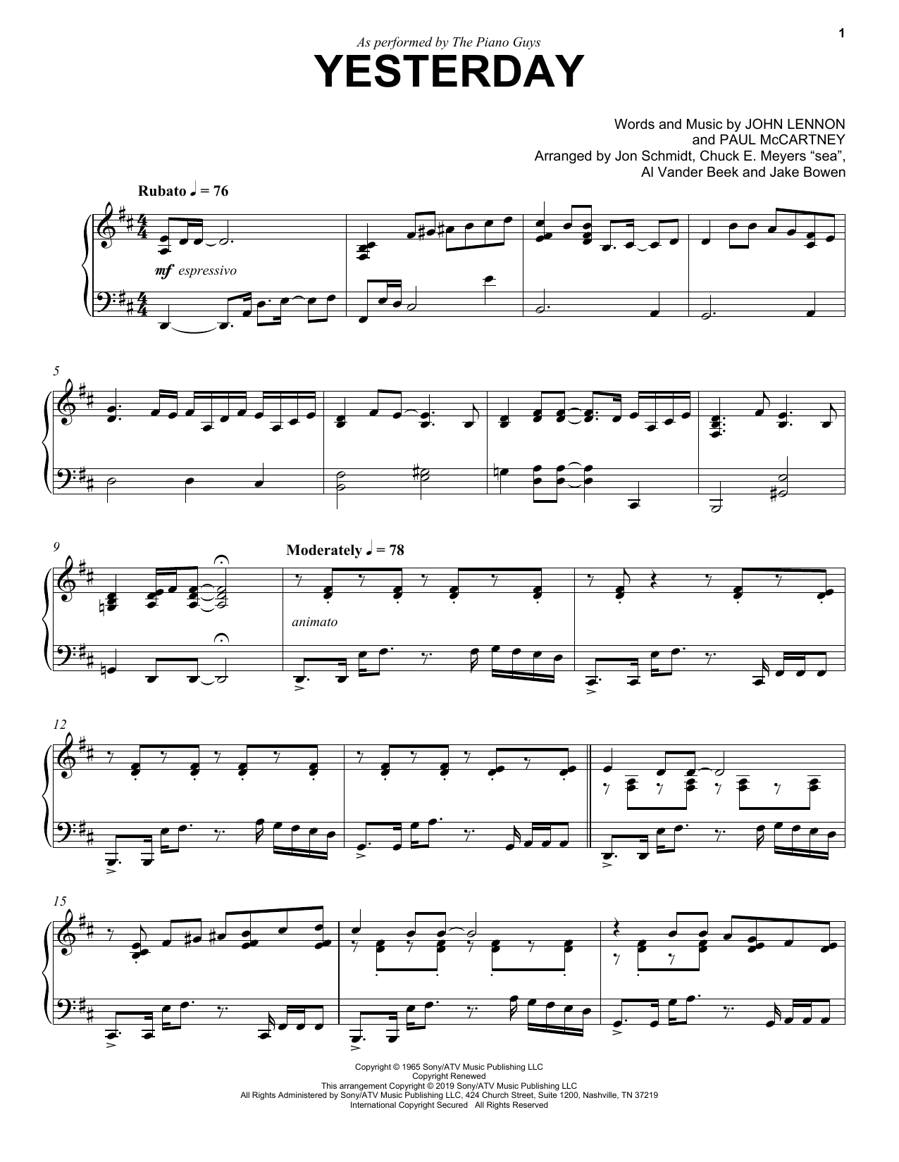 The Piano Guys Yesterday sheet music notes and chords. Download Printable PDF.