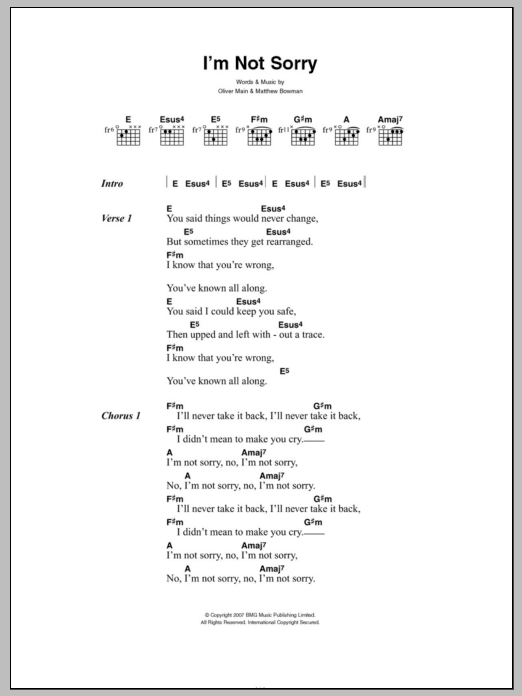 Learn to play The Pigeon Detectives I'm Not Sorry sheet music for Piano, Vocal & Guitar Chords in minutes. Price: 7.8900$ The Pigeon Detectives I'm Not Sorry sheet music notes and chords arranged for Piano, Vocal & Guitar Chords