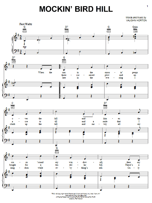 The Pinetoppers Mockin' Bird Hill sheet music notes and chords. Download Printable PDF.