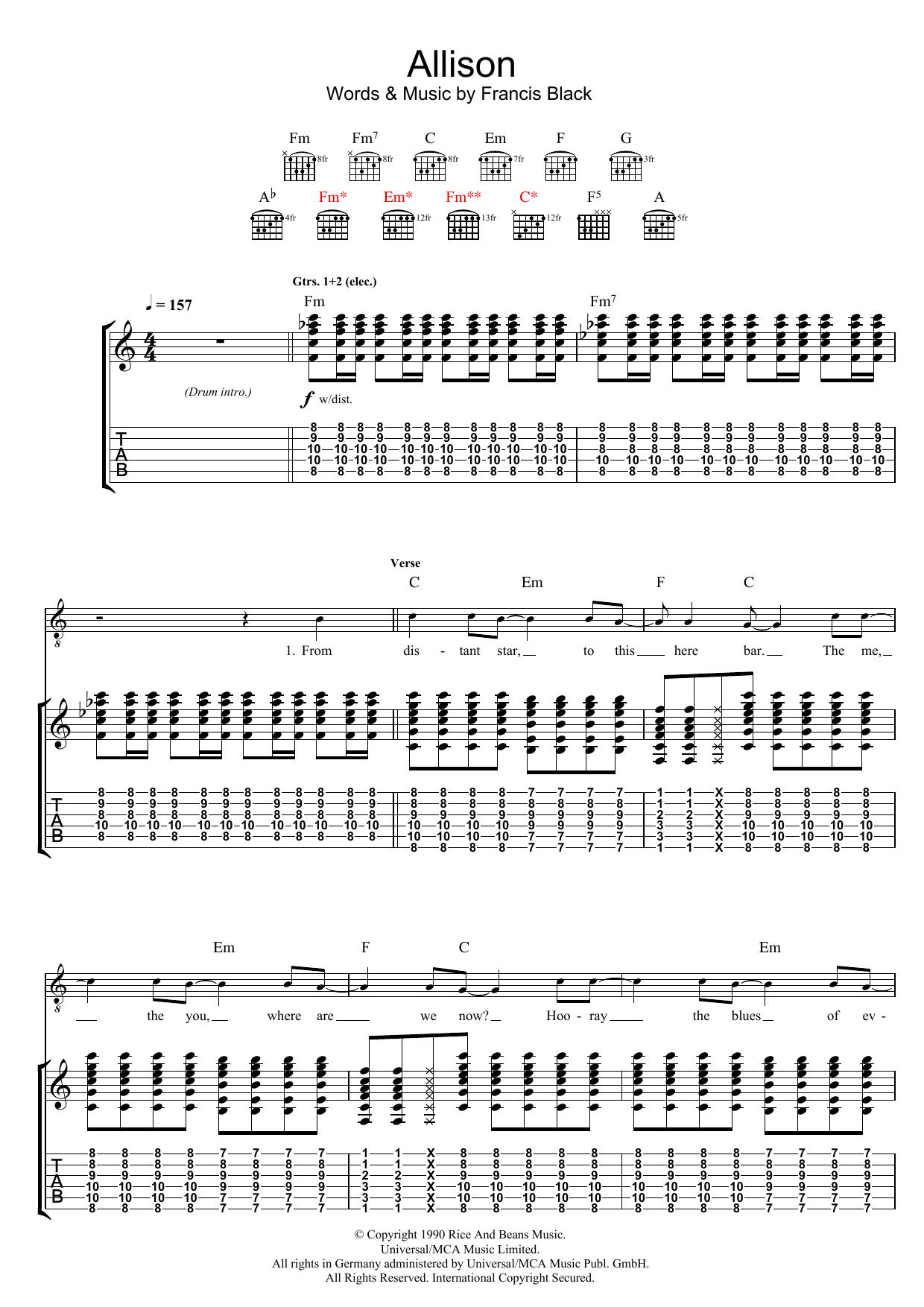 Learn to play The Pixies Allison sheet music for Guitar Tab in minutes. Price: 7.8900$ The Pixies Allison sheet music notes and chords arranged for Guitar Tab