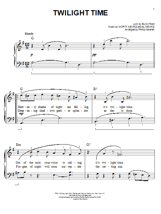 Learn to play The Platters Twilight Time sheet music for Easy Piano in minutes. Price: 6.9900$ The Platters Twilight Time sheet music notes and chords arranged for Easy Piano