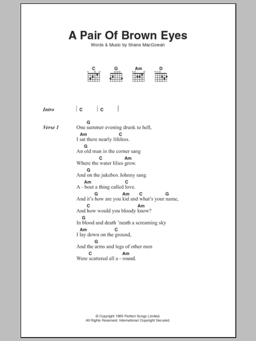 Learn to play The Pogues A Pair Of Brown Eyes sheet music for Guitar Chords/Lyrics in minutes. Price: 4.4900$ The Pogues A Pair Of Brown Eyes sheet music notes and chords arranged for Guitar Chords/Lyrics