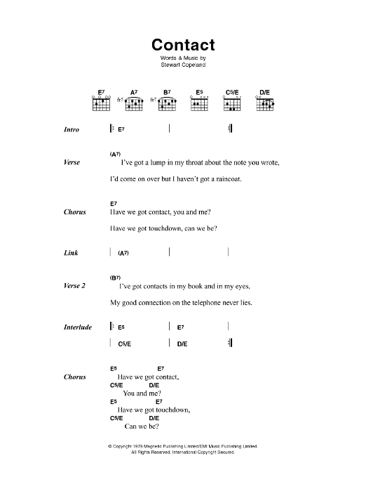 Learn to play The Police Contact sheet music for Guitar Chords/Lyrics in minutes. Price: 4.4900$ The Police Contact sheet music notes and chords arranged for Guitar Chords/Lyrics