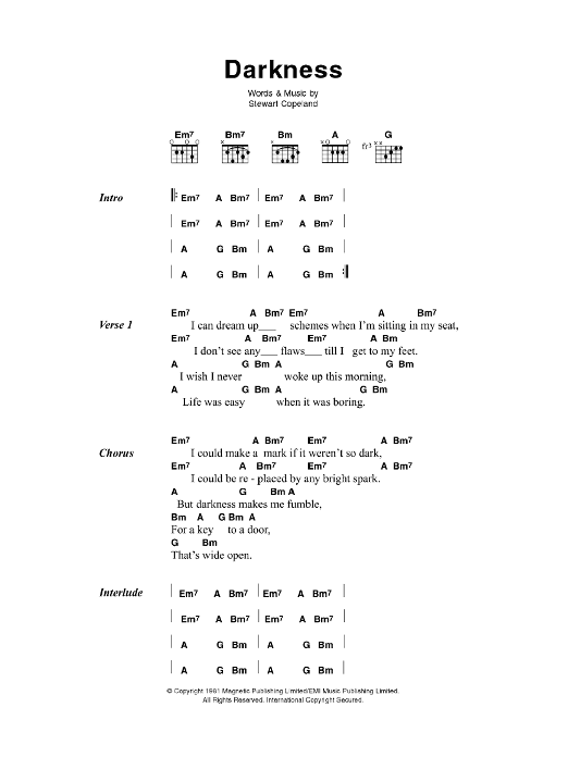 The Police Darkness sheet music notes and chords. Download Printable PDF.