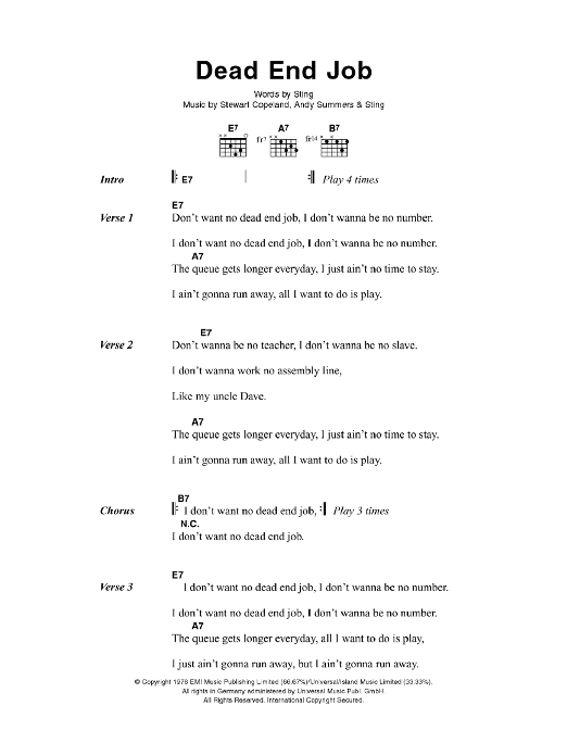 The Police Dead End Job sheet music notes and chords. Download Printable PDF.