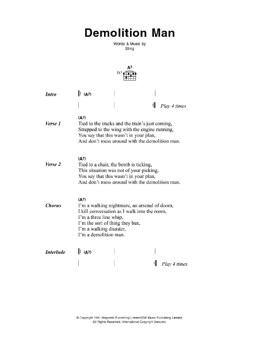 The Police Demolition Man sheet music notes and chords arranged for Piano, Vocal & Guitar Chords (Right-Hand Melody)