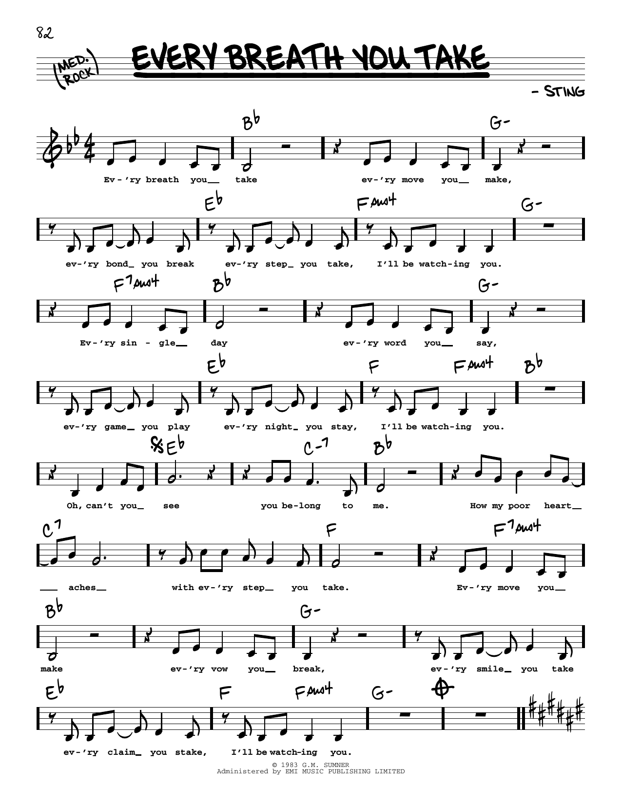 The Police Every Breath You Take (Low Voice) sheet music notes and chords. Download Printable PDF.