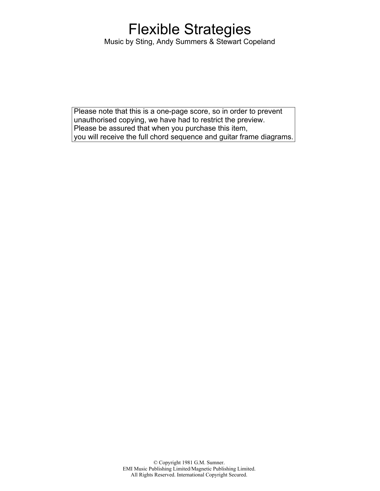 Learn to play The Police Flexible Strategies sheet music for Guitar Chords/Lyrics in minutes. Price: 4.4900$ The Police Flexible Strategies sheet music notes and chords arranged for Guitar Chords/Lyrics