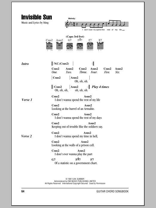 The Police Invisible Sun sheet music notes and chords. Download Printable PDF.