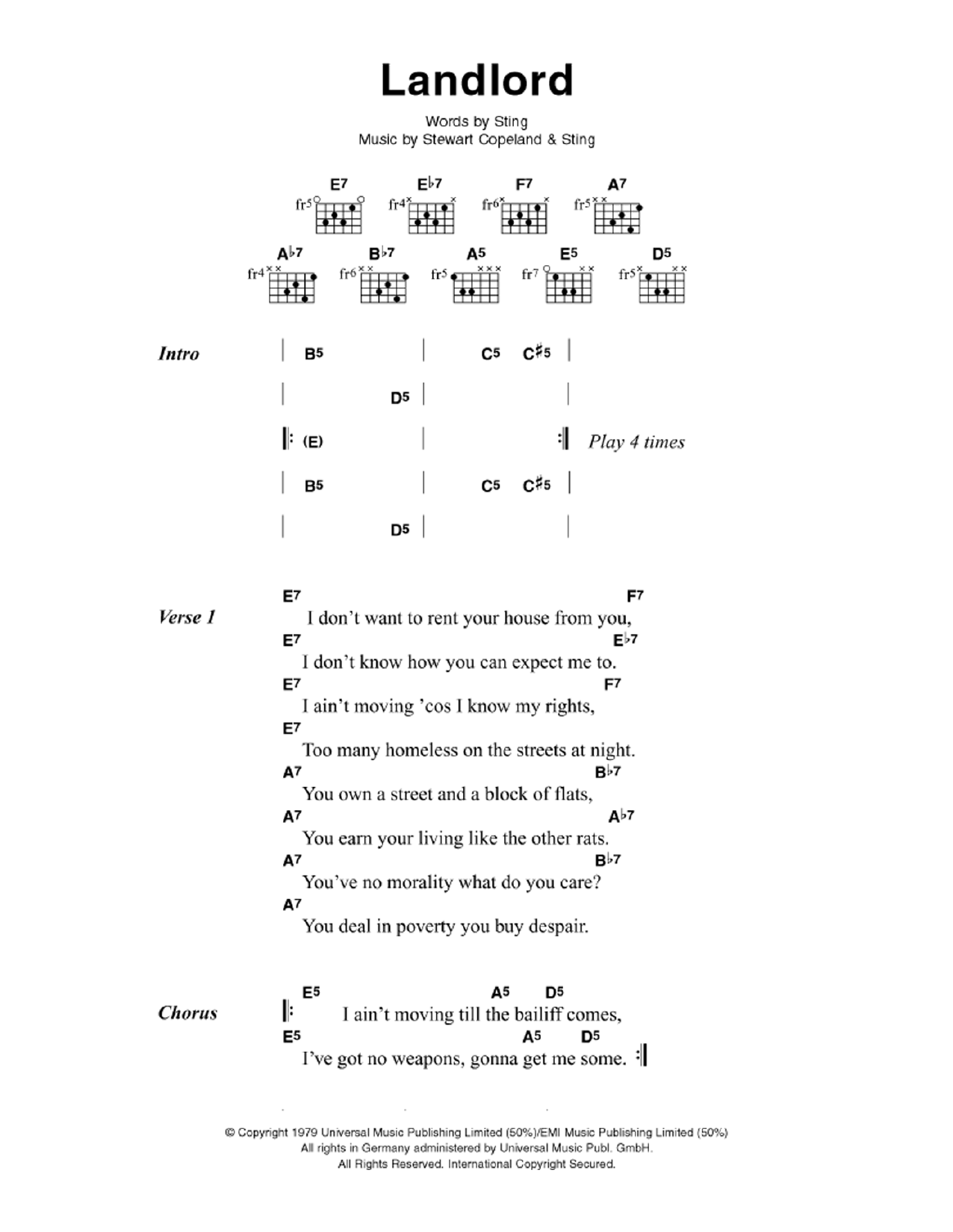 The Police Landlord sheet music notes and chords. Download Printable PDF.