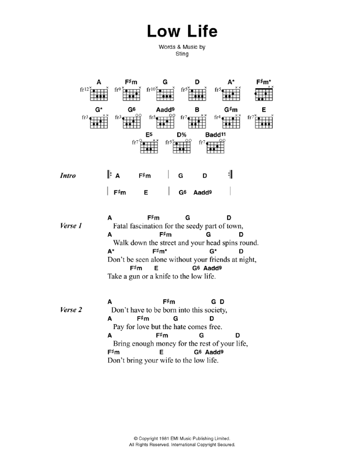 The Police Low Life sheet music notes and chords. Download Printable PDF.