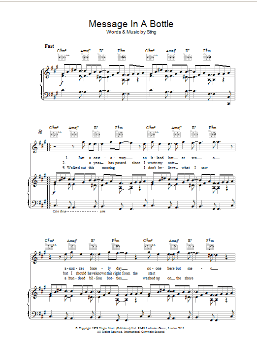 The Police Message In A Bottle sheet music notes and chords. Download Printable PDF.