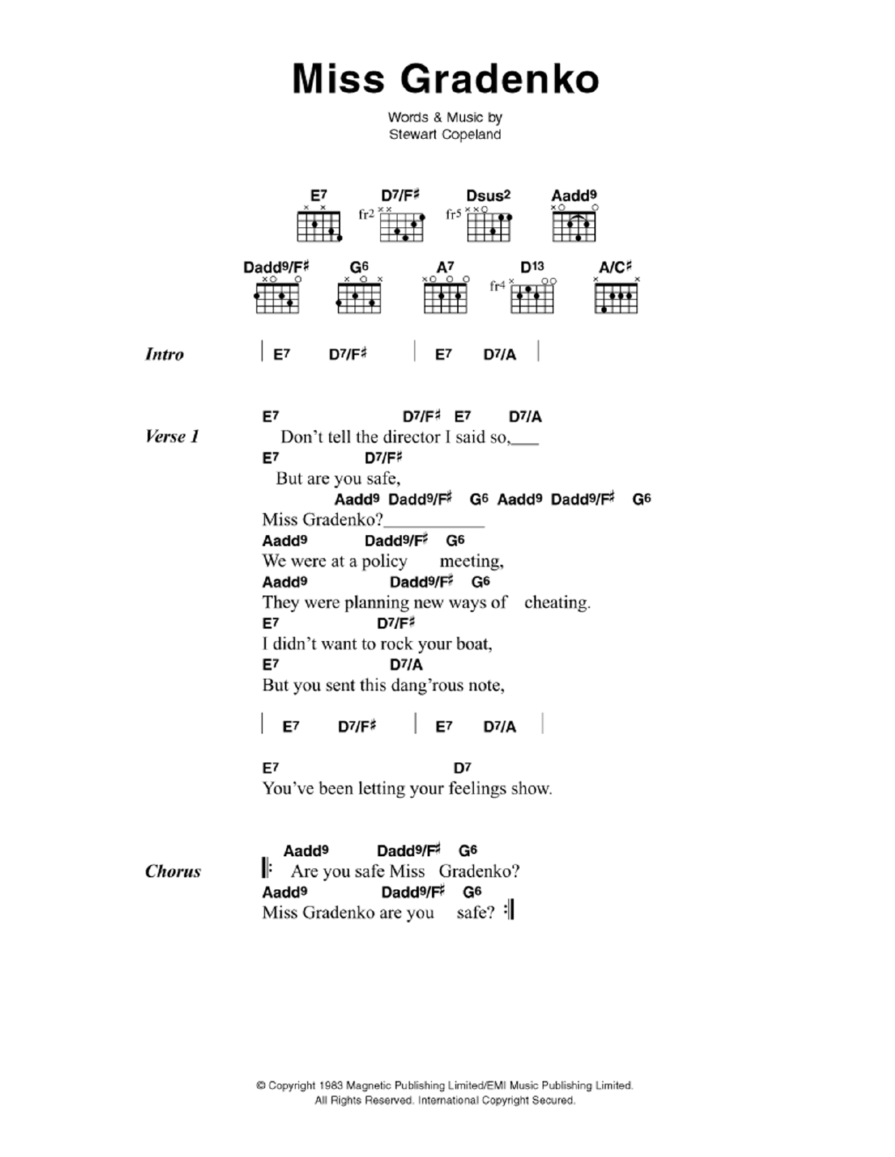 Learn to play The Police Miss Gradenko sheet music for Piano, Vocal & Guitar Chords in minutes. Price: 7.8900$ The Police Miss Gradenko sheet music notes and chords arranged for Piano, Vocal & Guitar Chords