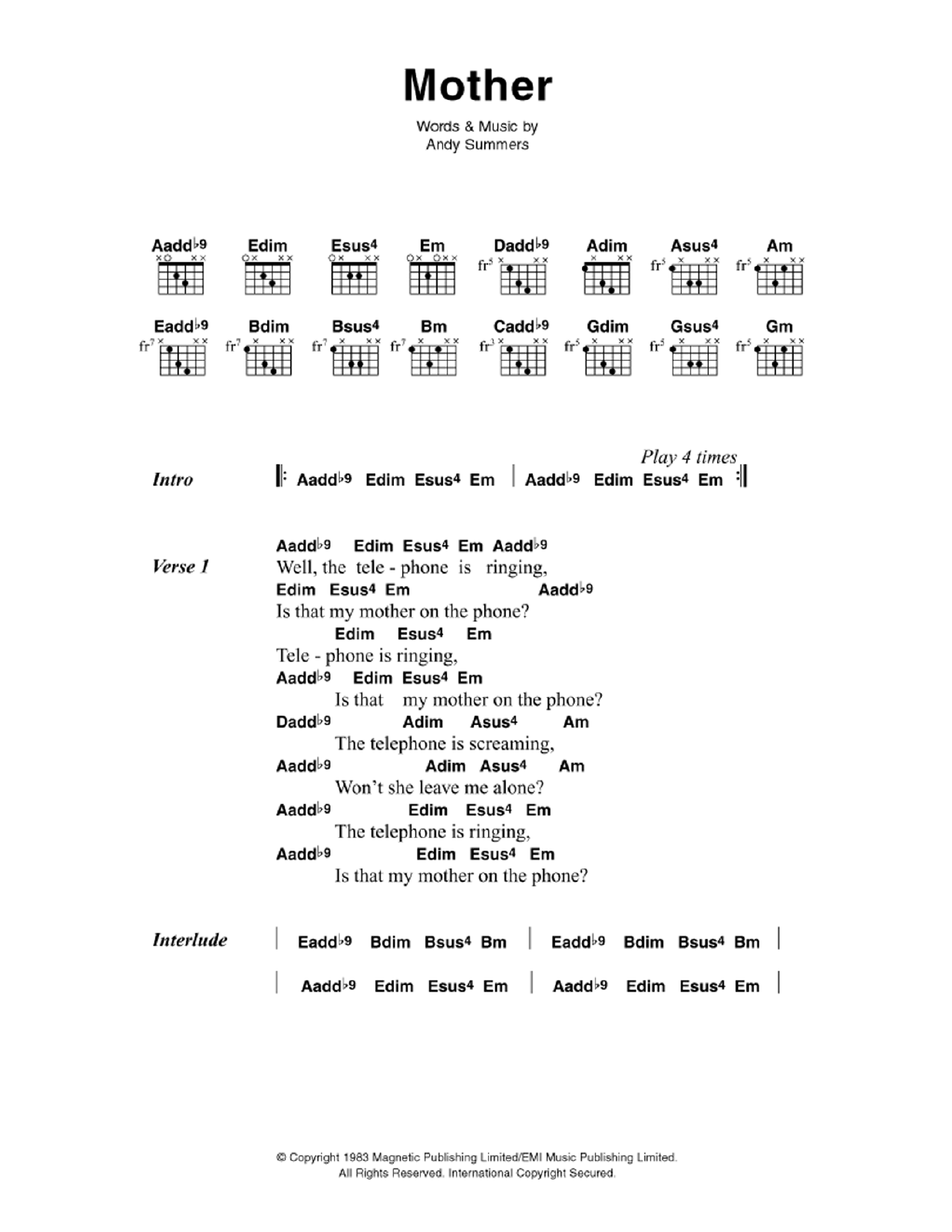 The Police Mother sheet music notes and chords. Download Printable PDF.