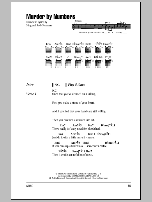 The Police Murder By Numbers sheet music notes and chords. Download Printable PDF.