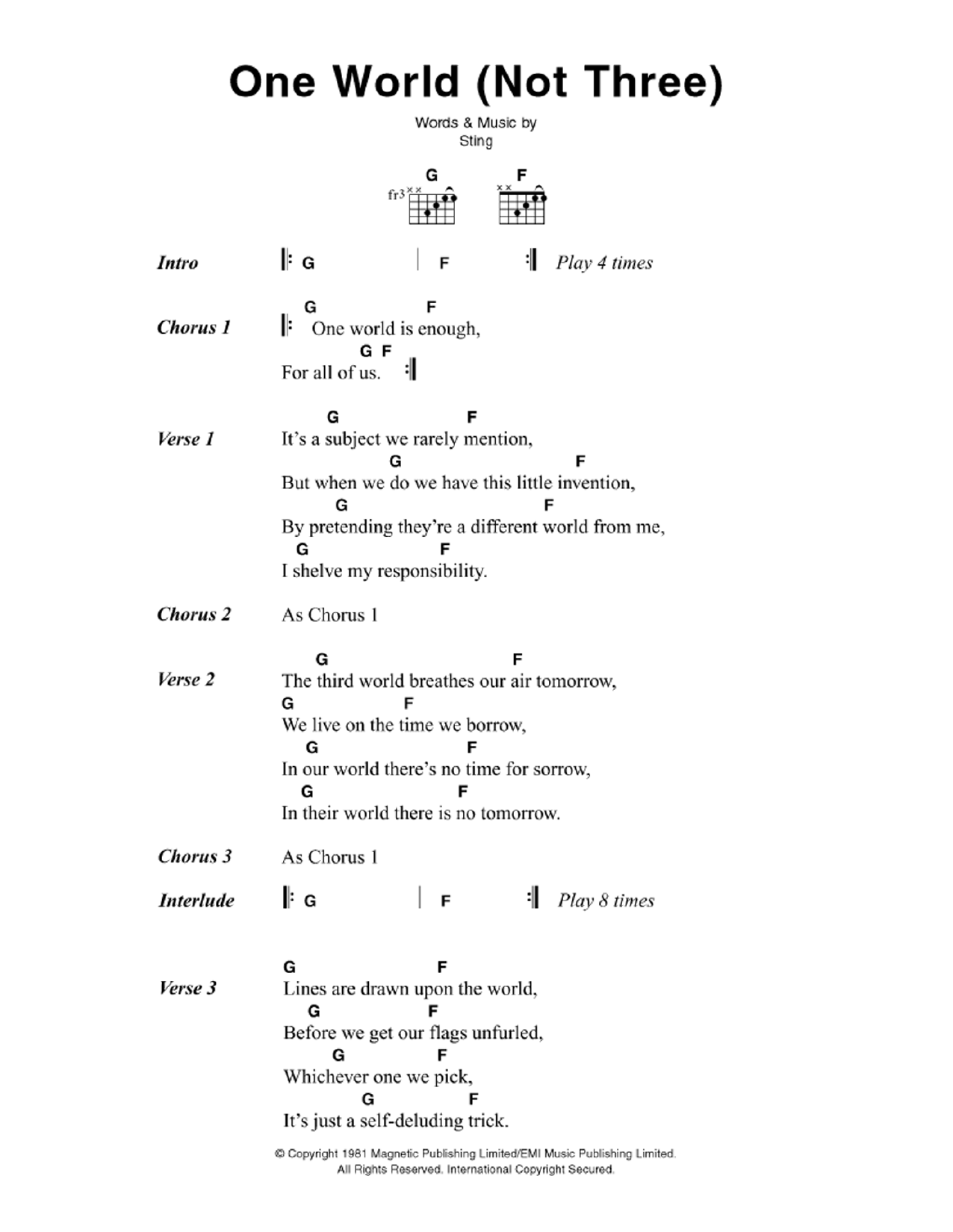 The Police One World (Not Three) sheet music notes and chords. Download Printable PDF.