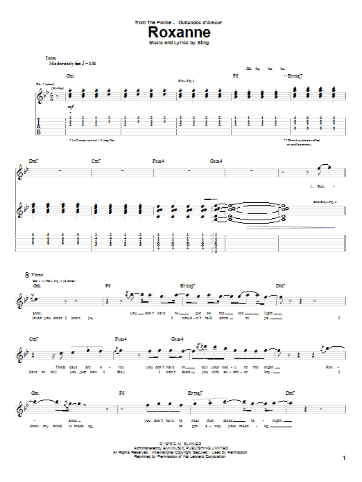 The Police Roxanne sheet music notes and chords. Download Printable PDF.