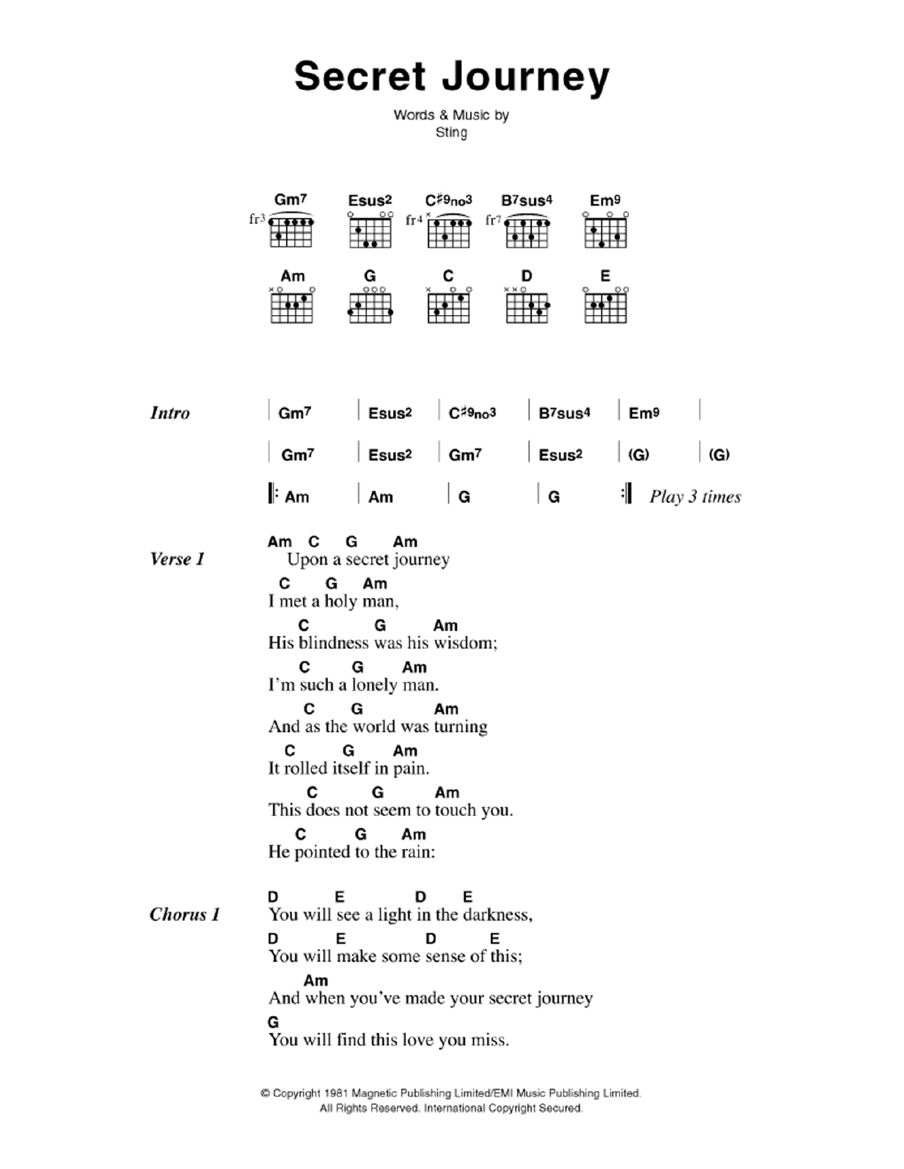 The Police Secret Journey sheet music notes and chords. Download Printable PDF.