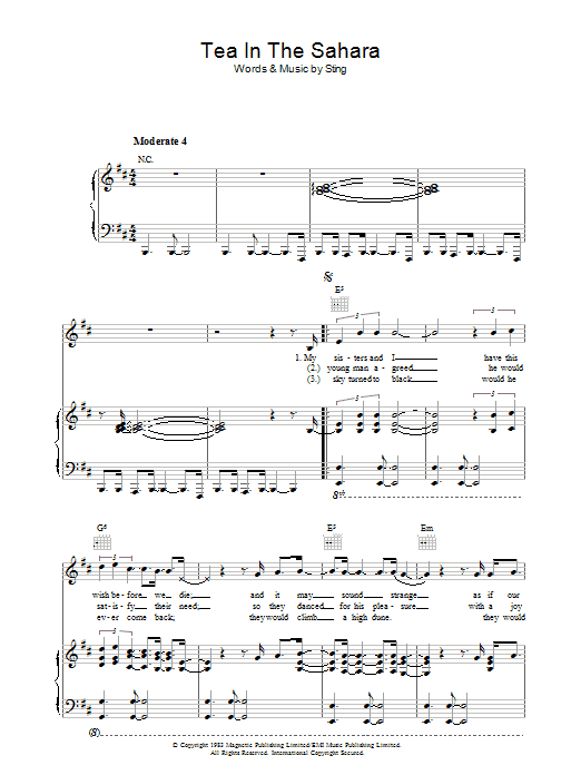 Learn to play The Police Tea In The Sahara sheet music for Piano, Vocal & Guitar Chords in minutes. Price: 7.8900$ The Police Tea In The Sahara sheet music notes and chords arranged for Piano, Vocal & Guitar Chords