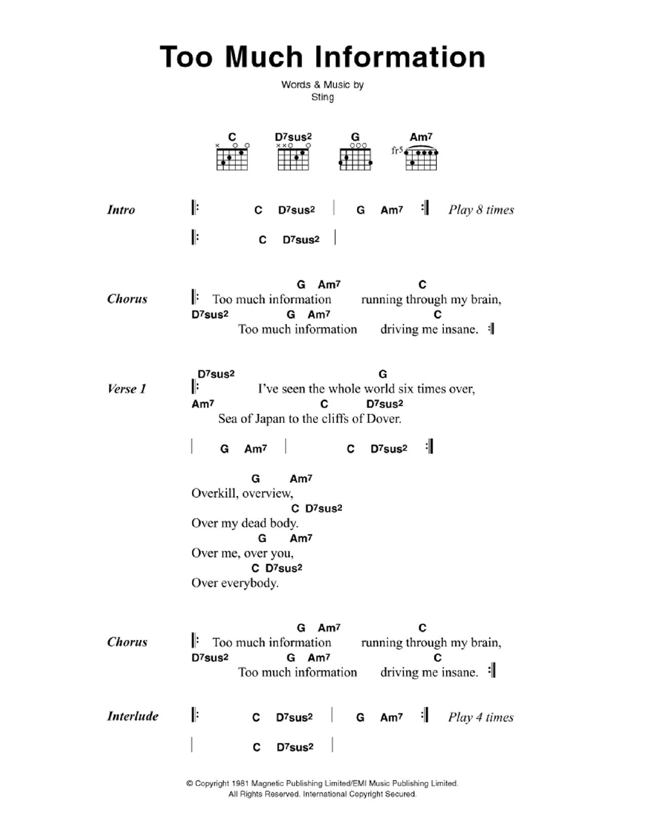 The Police Too Much Information sheet music notes and chords. Download Printable PDF.