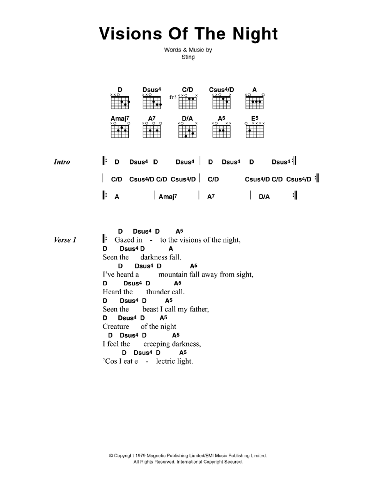 Learn to play The Police Visions Of The Night sheet music for Guitar Chords/Lyrics in minutes. Price: 4.4900$ The Police Visions Of The Night sheet music notes and chords arranged for Guitar Chords/Lyrics