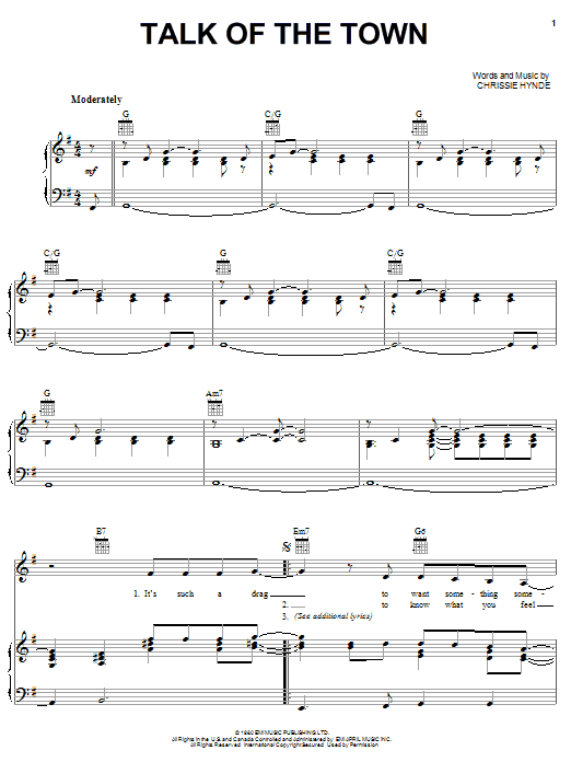 Learn to play The Pretenders Talk Of The Town sheet music for Piano, Vocal & Guitar Chords (Right-Hand Melody) in minutes. Price: 7.8900$ The Pretenders Talk Of The Town sheet music notes and chords arranged for Piano, Vocal & Guitar Chords (Right-Hand Melody)