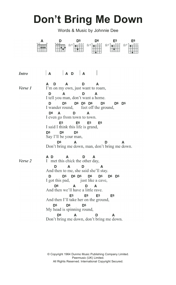 The Pretty Things Don't Bring Me Down sheet music notes and chords. Download Printable PDF.