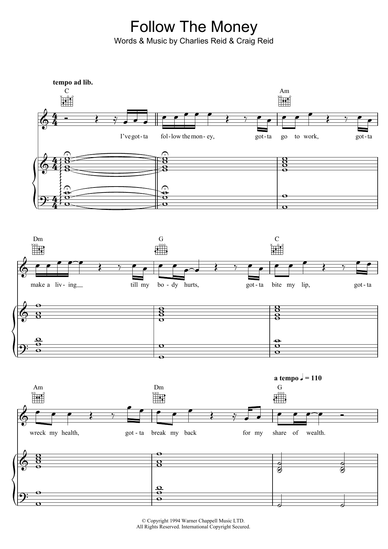 Learn to play The Proclaimers Follow The Money sheet music for Piano, Vocal & Guitar Chords in minutes. Price: 7.8900$ The Proclaimers Follow The Money sheet music notes and chords arranged for Piano, Vocal & Guitar Chords