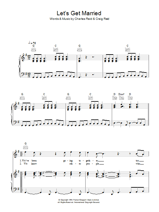 Learn to play The Proclaimers Let's Get Married sheet music for Piano, Vocal & Guitar Chords in minutes. Price: 7.8900$ The Proclaimers Let's Get Married sheet music notes and chords arranged for Piano, Vocal & Guitar Chords