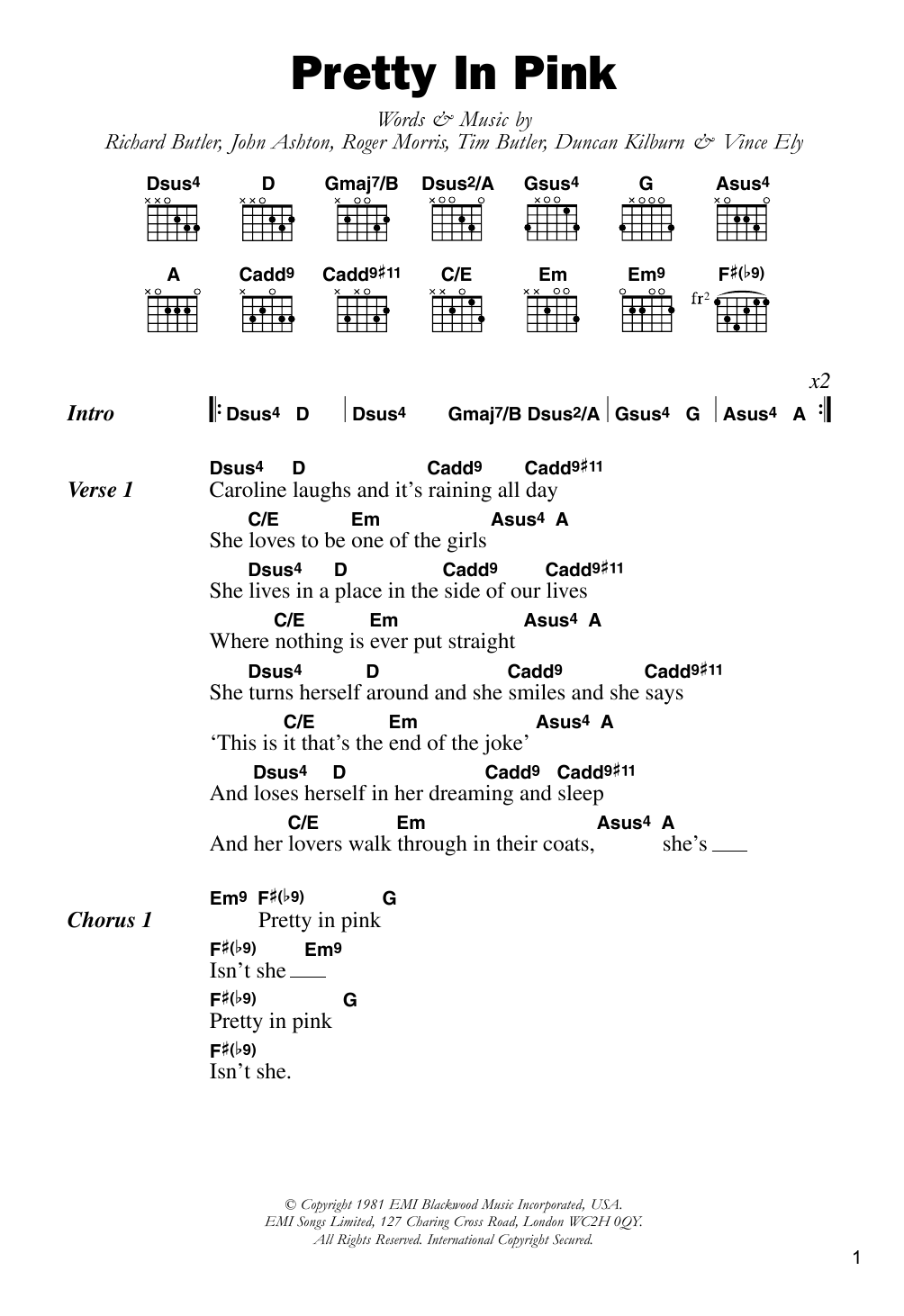 Learn to play The Psychedelic Furs Pretty In Pink sheet music for Guitar Chords/Lyrics in minutes. Price: 4.4900$ The Psychedelic Furs Pretty In Pink sheet music notes and chords arranged for Guitar Chords/Lyrics