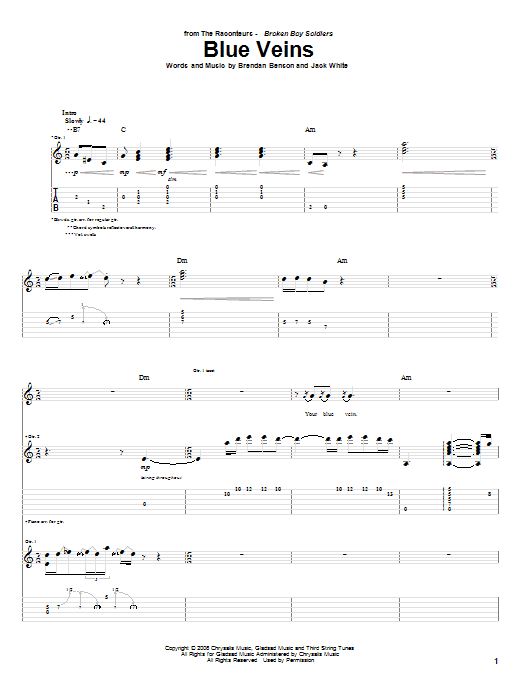 Learn to play The Raconteurs Blue Veins sheet music for Guitar Tab in minutes. Price: 7.8900$ The Raconteurs Blue Veins sheet music notes and chords arranged for Guitar Tab