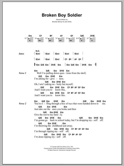 Learn to play The Raconteurs Broken Boy Soldier sheet music for Guitar Tab in minutes. Price: 7.8900$ The Raconteurs Broken Boy Soldier sheet music notes and chords arranged for Guitar Tab