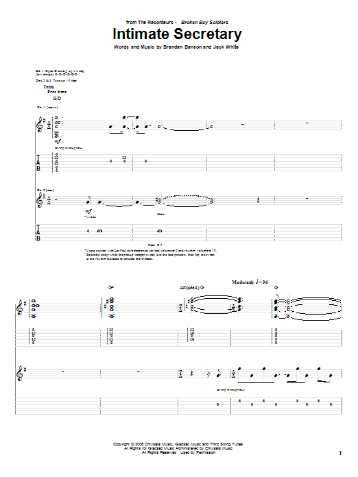 Learn to play The Raconteurs Intimate Secretary sheet music for Guitar Tab in minutes. Price: 7.8900$ The Raconteurs Intimate Secretary sheet music notes and chords arranged for Guitar Tab