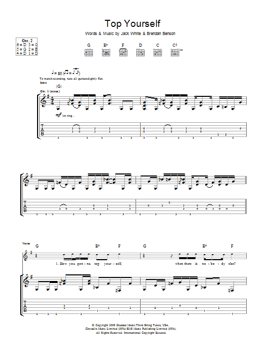Learn to play The Raconteurs Top Yourself sheet music for Guitar Tab in minutes. Price: 7.8900$ The Raconteurs Top Yourself sheet music notes and chords arranged for Guitar Tab