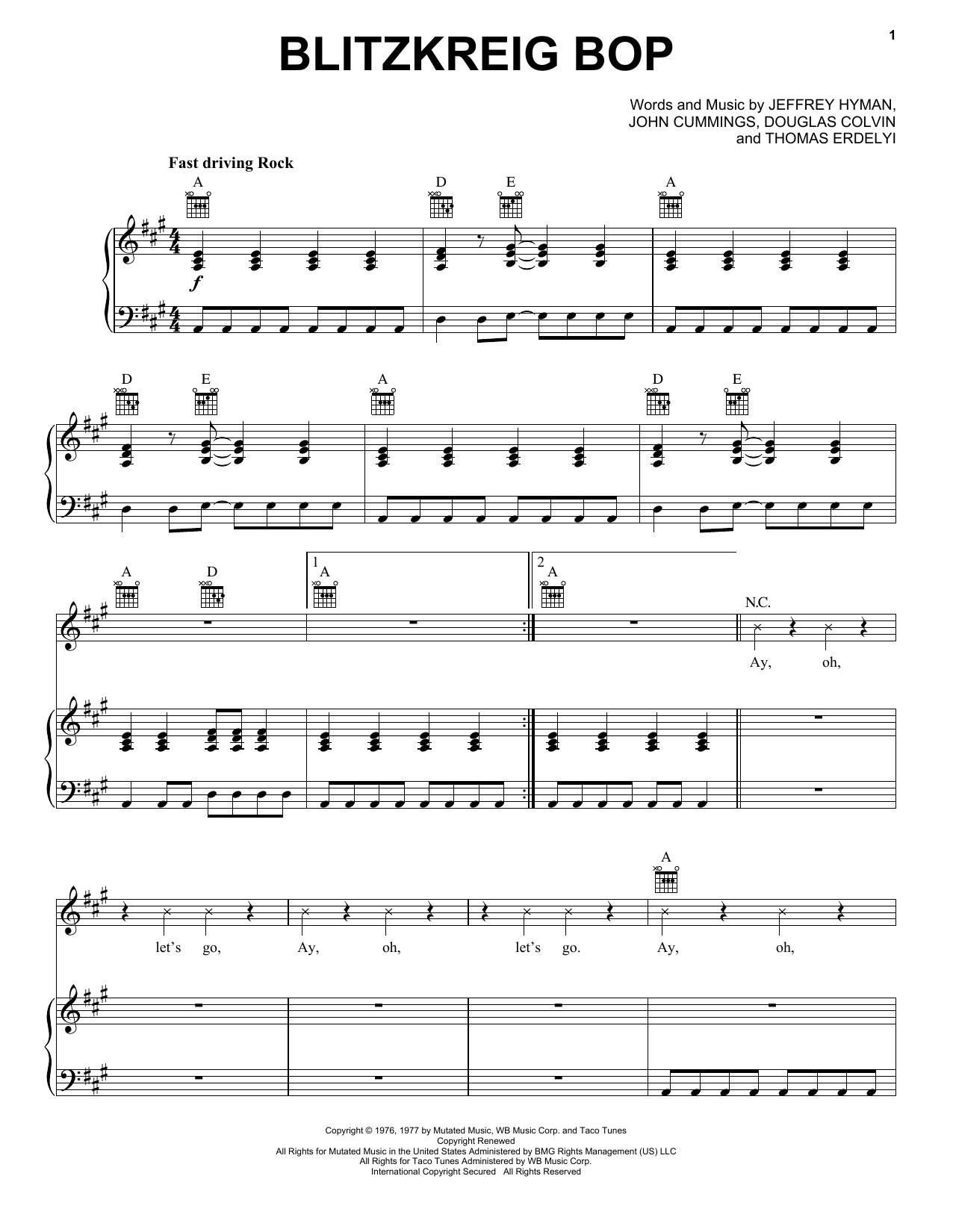 The Ramones Blitzkrieg Bop sheet music notes and chords. Download Printable PDF.