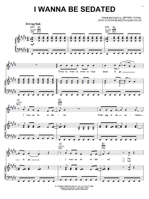 Ramones I Wanna Be Sedated sheet music notes and chords. Download Printable PDF.