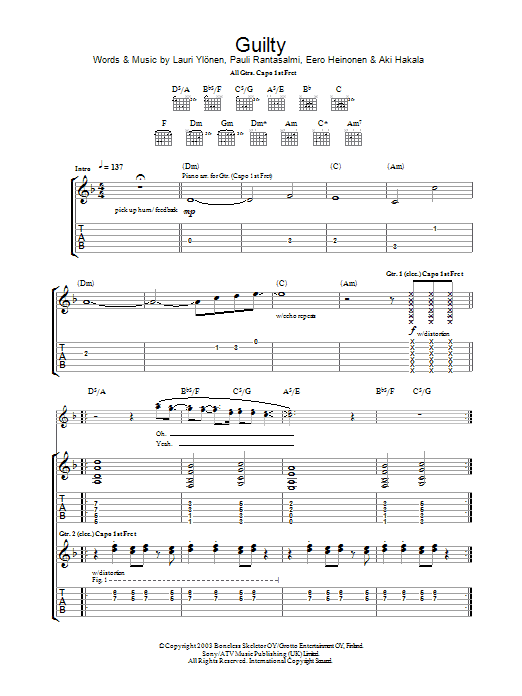 Learn to play The Rasmus Guilty sheet music for Guitar Tab in minutes. Price: 7.8900$ The Rasmus Guilty sheet music notes and chords arranged for Guitar Tab