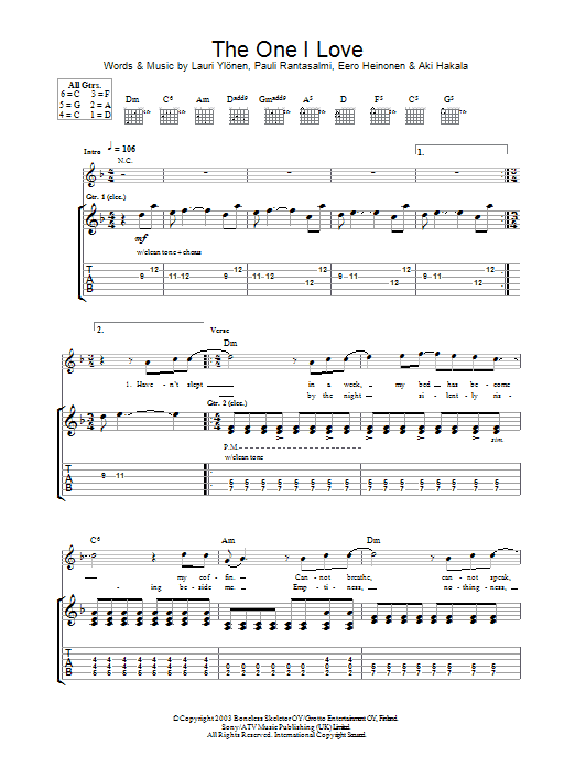 Learn to play The Rasmus The One I Love sheet music for Guitar Tab in minutes. Price: 7.8900$ The Rasmus The One I Love sheet music notes and chords arranged for Guitar Tab
