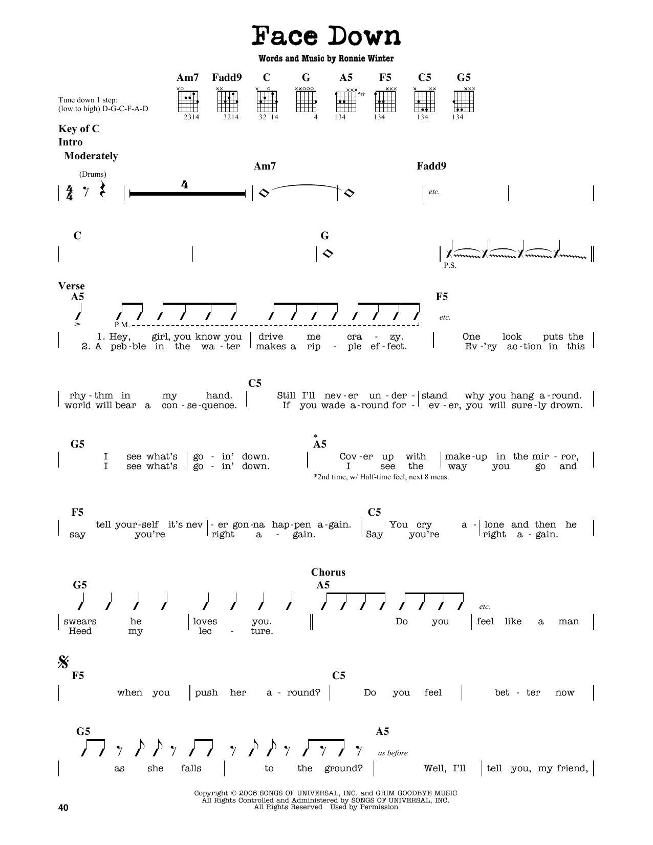 The Red Jumpsuit Apparatus Face Down sheet music notes and chords. Download Printable PDF.