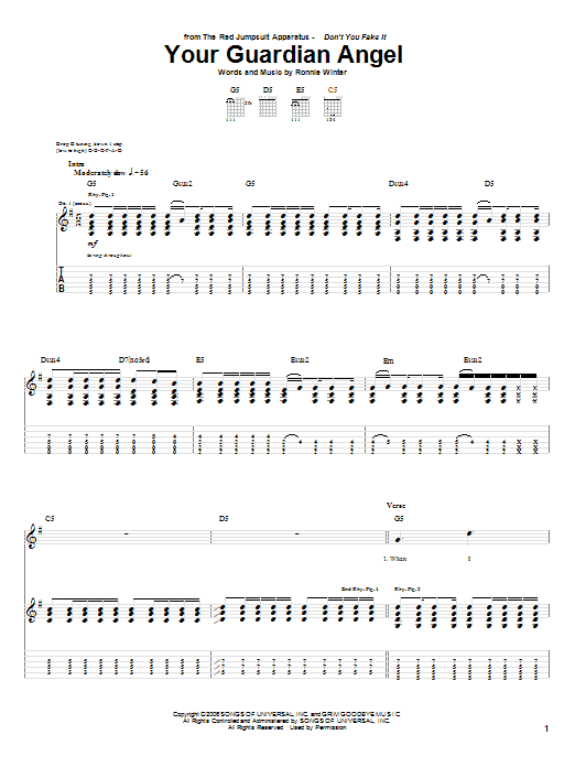 Learn to play The Red Jumpsuit Apparatus Your Guardian Angel sheet music for Guitar Tab in minutes. Price: 7.8900$ The Red Jumpsuit Apparatus Your Guardian Angel sheet music notes and chords arranged for Guitar Tab