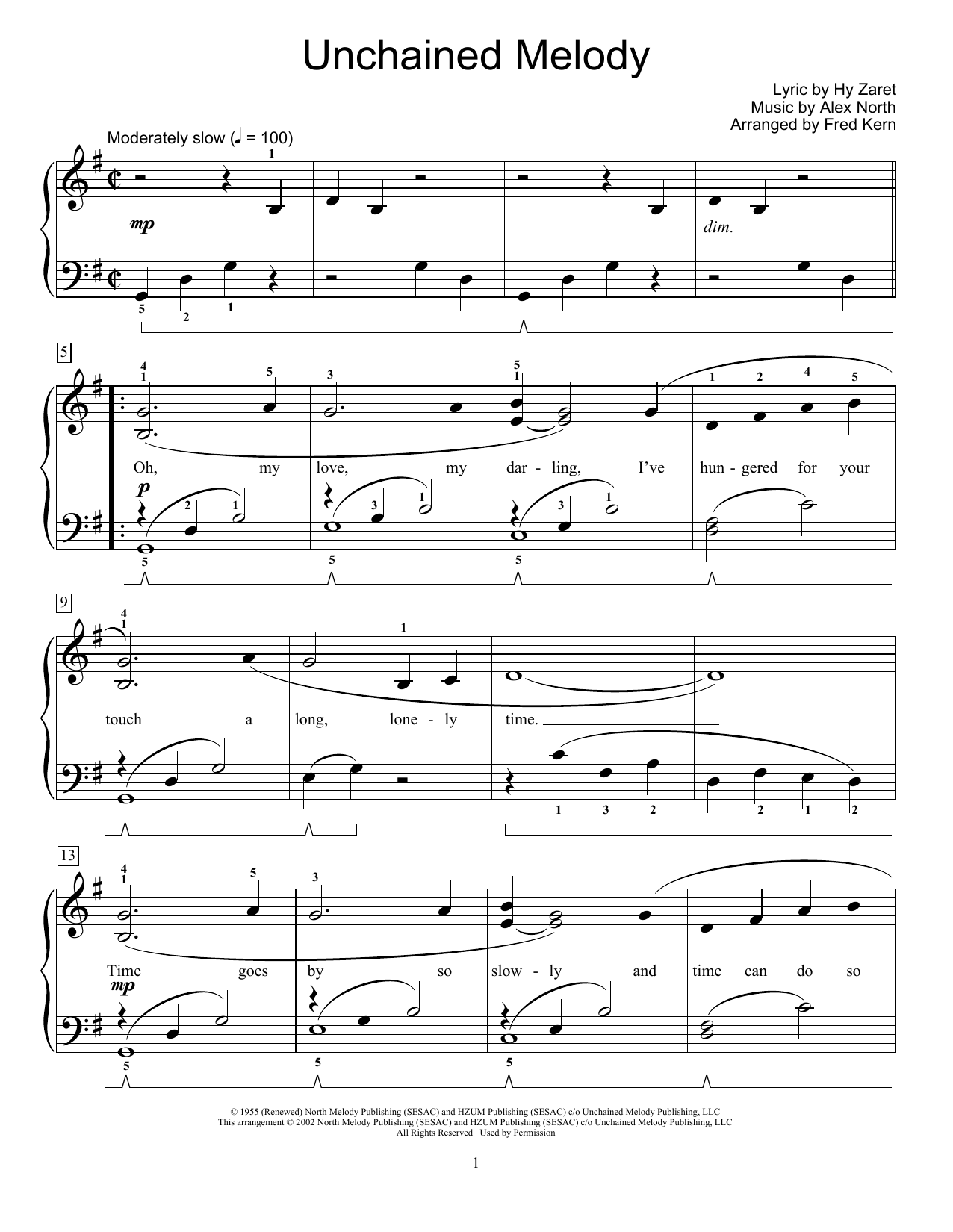 The Righteous Brothers Unchained Melody (arr. Fred Kern) sheet music notes and chords. Download Printable PDF.