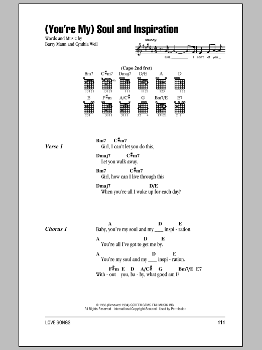 The Righteous Brothers (You're My) Soul And Inspiration sheet music notes and chords. Download Printable PDF.